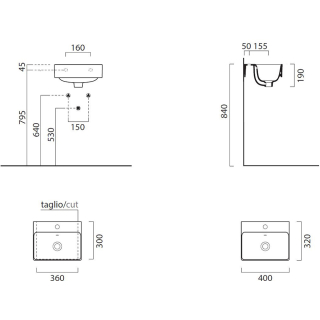 Waschtisch Optima X 1.2 400x320mm, m.HL, m.ÜL, weiss