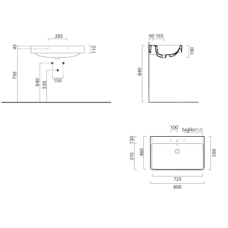 Waschtisch Optima X 1.2 800x500mm, o.HL, m.ÜL, weiss