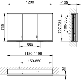 CH-Spiegelschrank DIAMANT ALVA B 1200 mm, H 735 mm, T 165 mm