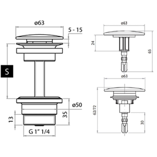 2 in 1 Universal Ablaufventil mit-&ohne-Überlauf, Ms. verch. 1 1/4" 62163197